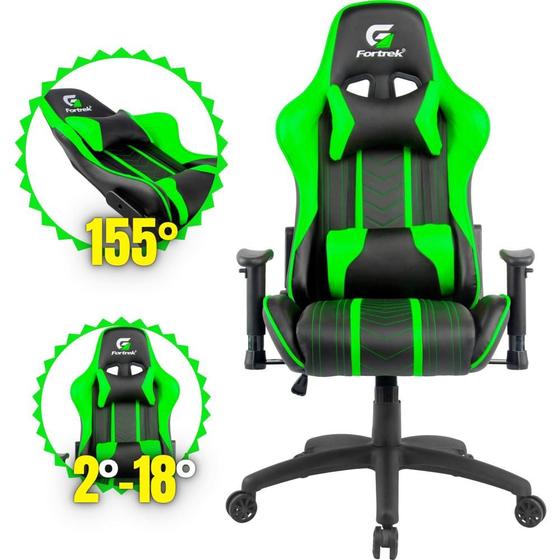 Imagem de Cadeira Gamer Giratória Ergonomica Escritório Confortável Cor Preta e Verde Suporta Até 120Kg Com Ajuste de Altura e de Braço Reclinável 155 Feita dematerial sintético