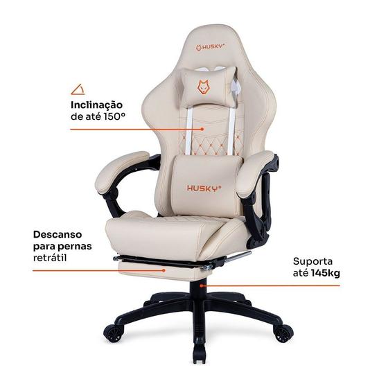 Cadeira Gamer Husky Tempest 700, Até 145kg, Almofadas, Reclinável 150º, PU, Descanso para Pés, Branca - HCG700BR