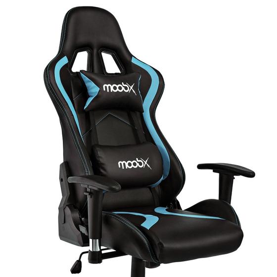 Cadeira Gamer Moob Thunder Reclinável 180º Com Acabamento Premium Braços 2D e Almofadas para LombarePescoçoPreto/Azul Menor preço em Cadeira Gamer Moob Thunder Reclinável 180º Com Acabamento Premium Braços 2D e Almofadas para LombarePescoçoPreto/Azul