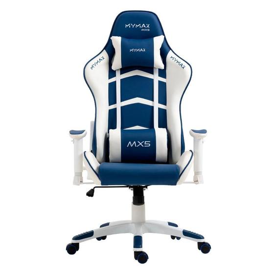 Imagem de Cadeira Gamer Mymax MX5, Até 150kg, Com Almofadas, Reclinável, Descanso de Braço 2D, Branco e Azul Marinho - MGCH-MX5/BLMR