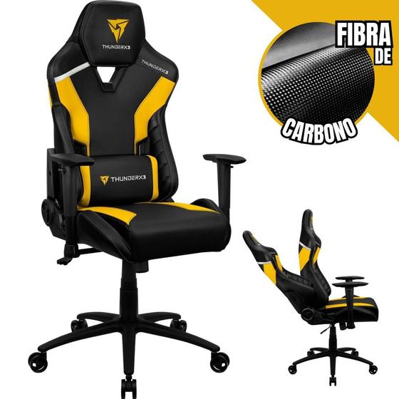 Imagem de Cadeira Gamer ThunderX3 Bumblebee Para Escritório Suporta Até 120Kg Com Encosto Ergonômico e Apoio Para Lombar e Pescoço Alto Conforto Cor Preta e Amarela Base de Metal