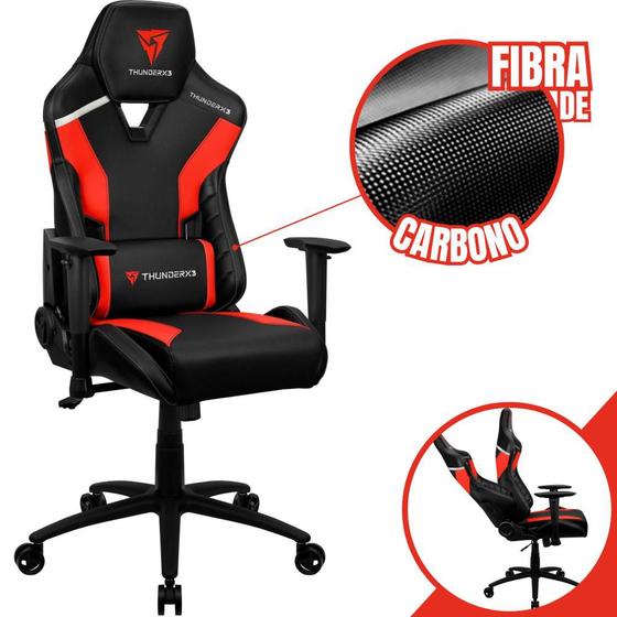 Imagem de Cadeira Gamer ThunderX3 Para Escritório Alto Conforto Com Almofada Lombar Ergonômica e Apoio de Pescoço de material sintético e Fibra de Carbono Cor Preta e Vermelha