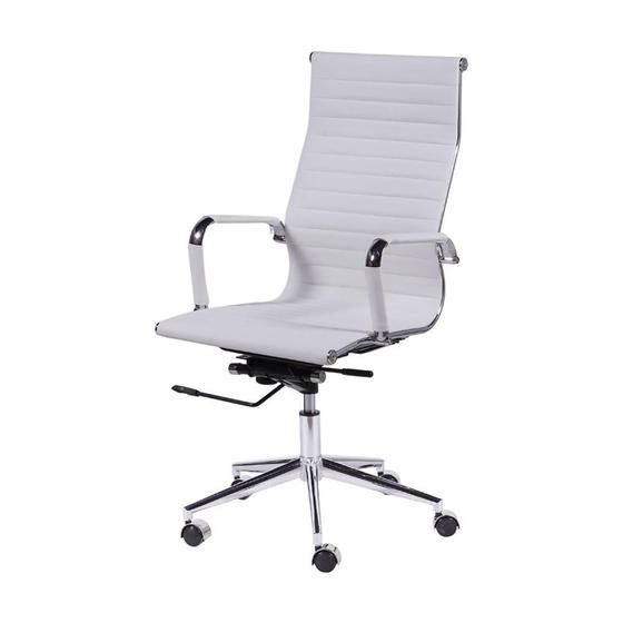 Cadeira Giratória Alta Office Esteirinha em PU Branco Base Rodízio Cromado Menor preço em Cadeira Giratória Alta Office Esteirinha em PU Branco Base Rodízio Cromado