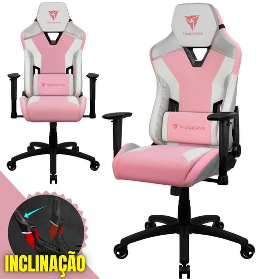 Imagem de Cadeira Modelo Gamer ThunderX3 Para Escritório Suporta Até 120Kg Com Ajustes de Altura e Braço Bidirecional e Ergonômica Com Apoio de Lombar e Pescoço Cor Rosa