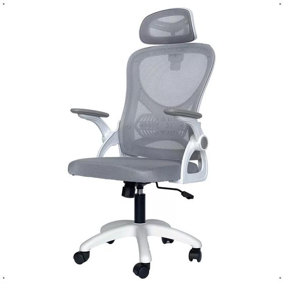 Imagem de Cadeira Office Giratória Columbus Altura Regulável Sistema Relax Apoio Cabeça Assento Confortável Tela Mesh Branco/Cinza - Lojas RPM