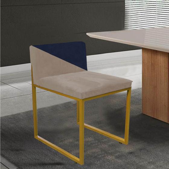 Imagem de Cadeira Office Lee Duo Sala de Jantar Industrial Ferro Dourado Suede Bege e Azul Marinho - Ahz Móveis