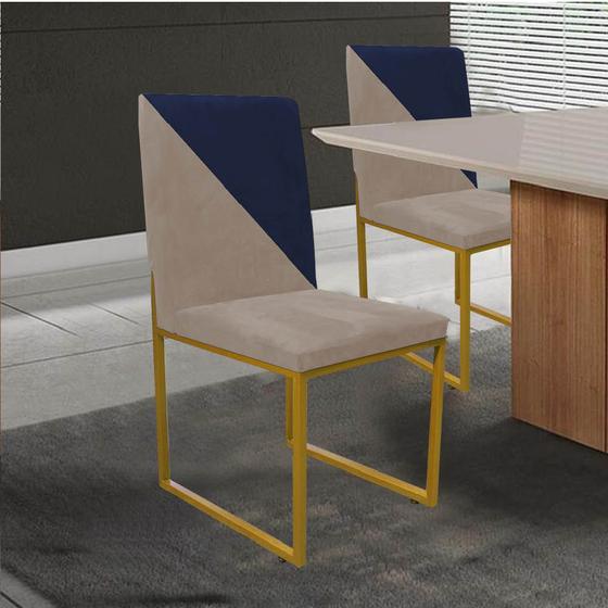 Imagem de Cadeira Office Stan Duo Sala de Jantar Industrial Ferro Dourado material sintético Bege e Azul Marinho - Ahz Móveis