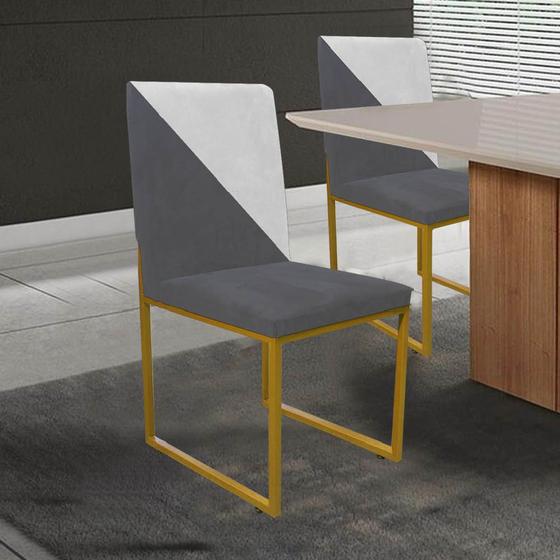 Imagem de Cadeira Office Stan Duo Sala de Jantar Industrial Ferro Dourado material sintético Cinza e Branco - Ahz Móveis