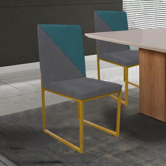 Imagem de Cadeira Office Stan Duo Sala de Jantar Industrial Ferro Dourado Suede Cinza e Azul Turquesa - Ahz Móveis