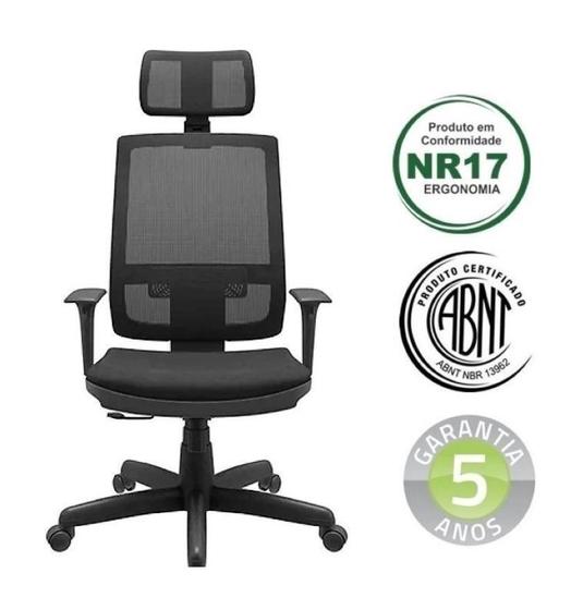 Imagem de Cadeira Presidente Escritório Brizza Relax NR17 Assento Material Sintético com Apoio de Cabeça Plaxmetal Preta