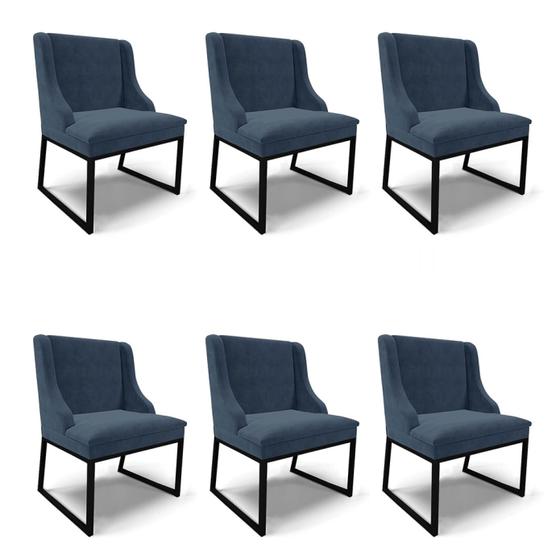 Imagem de Cadeira Sala de Jantar Industrial Preto Kit 6 Liz Suede Azul Mho D03 - D'Rossi