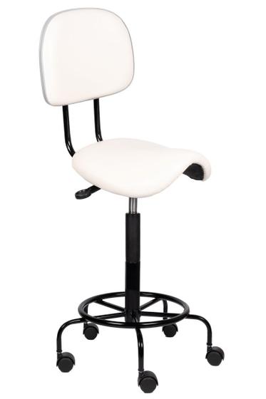 Imagem de Cadeira Sela Alta branca com encosto Estética Giratória maca tecido sintetico sem encosto altura maxima 79cm