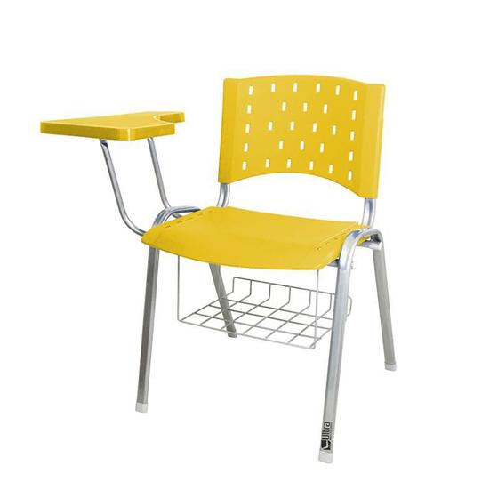 Imagem de Cadeira Universitária Plástica Amarela Com Porta Livros Base Prata Prancheta Plástica - ULTRA Móveis