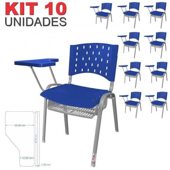 Imagem de Cadeira Universitária Plástica Azul Com Porta Livros Base Prata 10 Unidades Prancheta Plástica