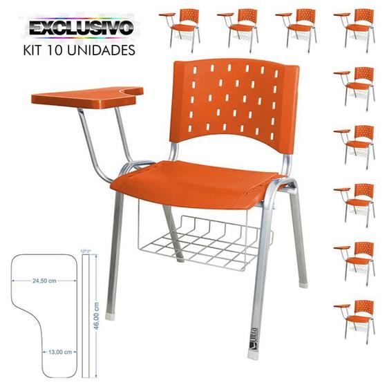 Imagem de Cadeira Universitária Plástica Laranja Com Porta Livros Base Prata 10 Unidades Prancheta Plástica - ULTRA Móveis