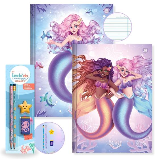 Imagem de Caderno Brochura Capa Dura Grande Sereias 2un 80 fls + Kit Escolar Fundo do Mar Lápis Borracha Apontador
