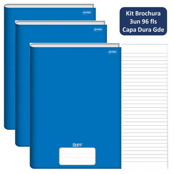 Imagem de Caderno Brochurão Kit 3un 96fls Stiff Capa Dura Azul Jandaia Escolar Infantil Brochura Ensino Fundamental