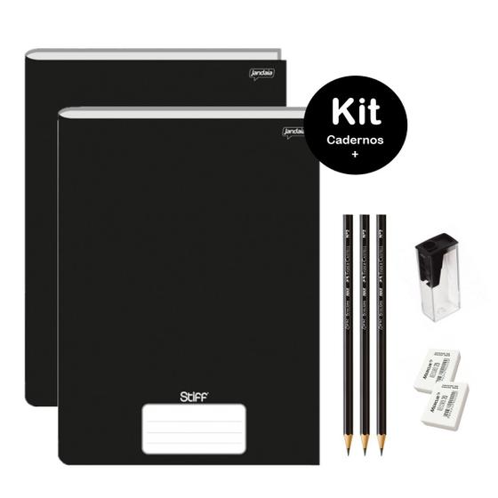 Imagem de Caderno Brochurão Preto Capa Dura 96 folhas Kit 2un Stiff Jandaia + Kit Escolar Lápis Faber Borracha Apontador 8 itens