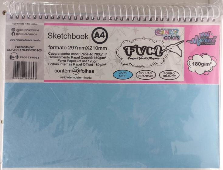 Caderno Capa Dura Sketchbook Azul A4 40F Merci Sketchbook