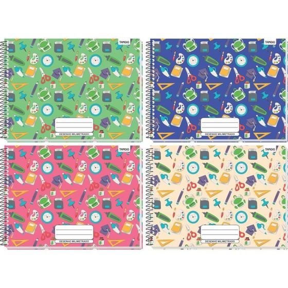 Caderno de Desenho Milimetrado Decorado 48 Folhas Universitário Espiral ...