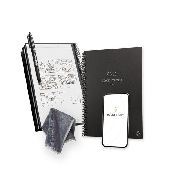 Imagem de Caderno eco-friendly reutilizável Rocketbook c/ caneta Pilot Frixion e pano de microfibra - capa preta infinita, tamanho executivo (6/x8,8/), modelo EVR-E-K-A