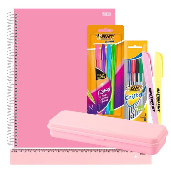 Imagem de Caderno Espiral 1m Capa Dura 80 folhas Rosa ou Lilás Pastel + Kit Escolar 12pcs com Estojo Régua Marca Texto Canetas