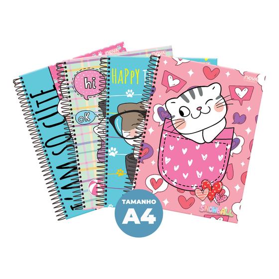 Imagem de Caderno Feminino Escolar Arame Espiral Gatinhos Gato Capa Dura SnowBall 10 Matérias