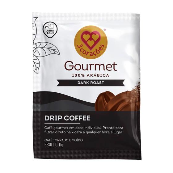 Imagem de Café 3 Corações Gourmet 100% Arábica Drip Coffe Dark Roast Sachê 11g