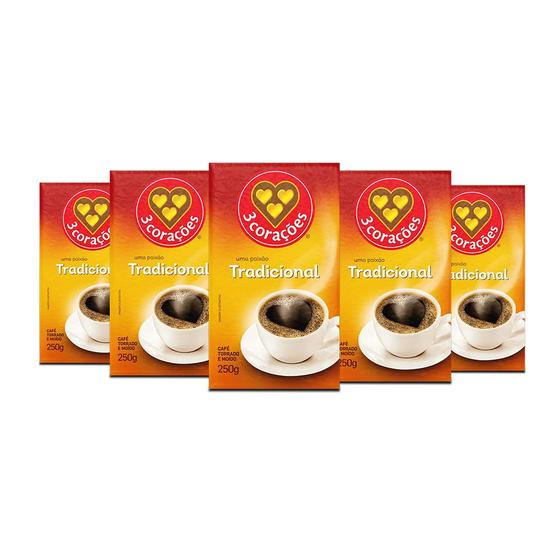 Imagem de Café 3 Corações Tradicional a Vácuo Kit 5 Pacotes de 250g