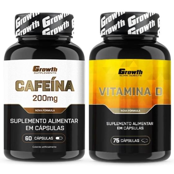 Imagem de Cafeina Pura 200mg 60 Caps + Vitamina D 75 Caps Growth