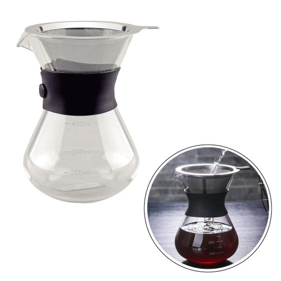 Imagem de Cafeteira de Vidro Com Filtro Coador de Aço Inox e Anel de Apoio em Silicone 400ml Prático e Útil Hora do Café