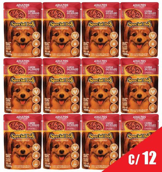 Imagem de Caixa 12un Ração Úmida Special Dog Sachê Cães Adultos Raças Pequenas Carne 100g