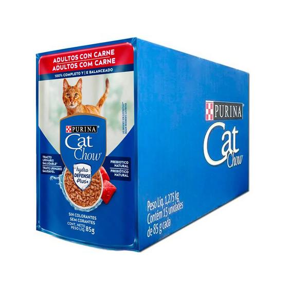 Imagem de Caixa 15un Ração Úmida Sachê Cat Chow Gatos Adultos Carne Ao Molho 85g