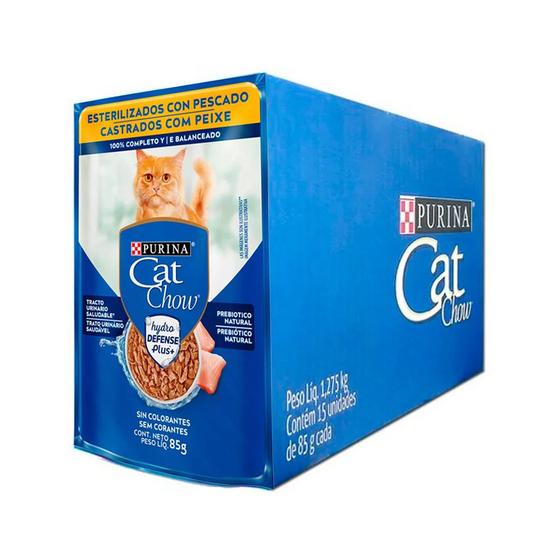 Imagem de Caixa 15un Ração Úmida Sachê Cat Chow Gatos Castrados Peixe Ao Molho 85g