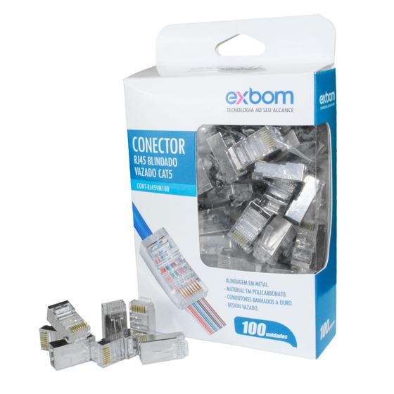 Caixa com 100 Conectores Blindados Vazado RJ45 Vazado EZ Crimp Cat5 - EXBOM Menor preço em Caixa com 100 Conectores Blindados Vazado RJ45 Vazado EZ Crimp Cat5 - EXBOM