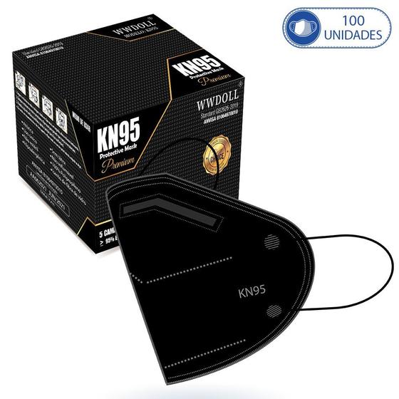 Imagem de Caixa com 100 Unidades de Máscaras Kn95 Premium Pretas WWDoll para Proteção com Clipe de Nariz