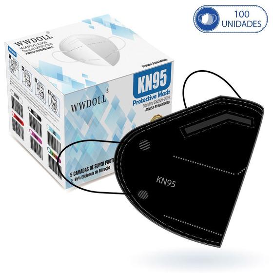 Imagem de Caixa com 100 Unidades de Máscaras Kn95 Pretas WWDoll para Proteção com Clipe de Nariz