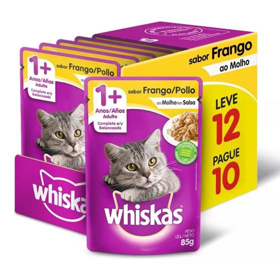 Imagem de Caixa com 12 Whiskas Sachê Gatos Adultos Frango ao Molho 85g