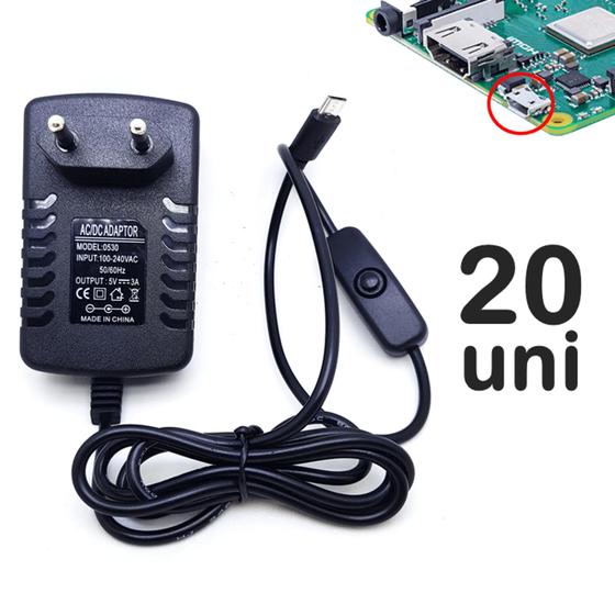 Imagem de Caixa Com 20 Fontes 5v 3A Micro-USB 3.1 Conector V8 Para Rasp. Pi 2 Pi 3 Pi 3b Botão On/OFF - U1001