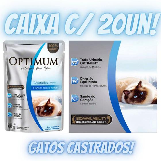 Imagem de Caixa com 20 Unidades Ração Úmida Sachê Optimum Gatos Castrados Frango 85g