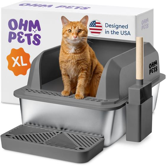 Imagem de Caixa de areia para gatos Ohm Pets XL em aço inoxidável com capacidade de 20L