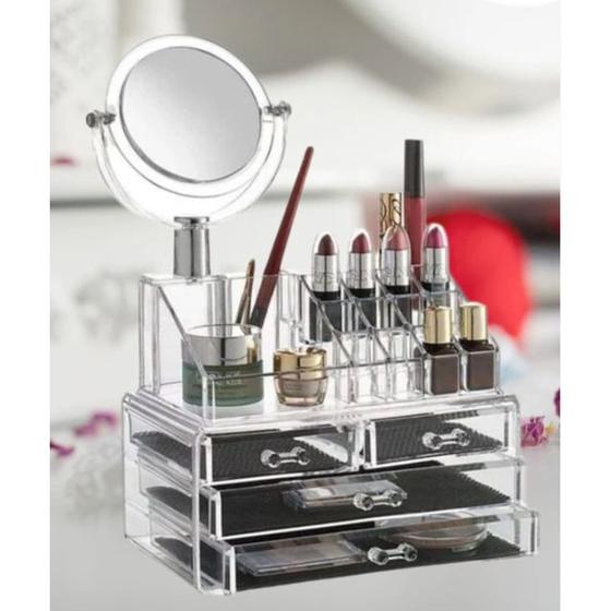 Imagem de Caixa de armazenamento de maquiagem com espelho  para mulheres Estojo cosmético Organizador de maquiagem Gaveta de grand