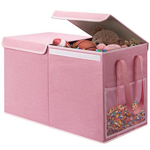 Imagem de Caixa de brinquedos grande para meninos meninas peito de brinquedo crianças organizador de armazenamento de brinquedos dobrável cesta de armazenamento de brinquedos com dois bolsos de malha para o berçário brinquedo quarto sala de estar Organização