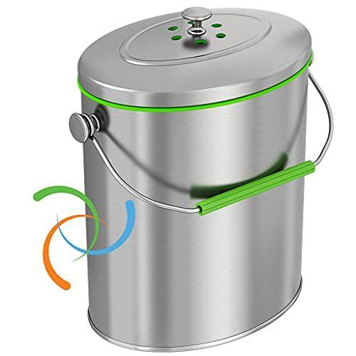 Imagem de Caixa de compostagem de aço inoxidável iTouchless 1.6 Gallon inclui sistema de filtro absorvente de odor, titanium rust-free space-efficient Slim Oval Shape 6 Litro Kitchen Countertop Trash Can