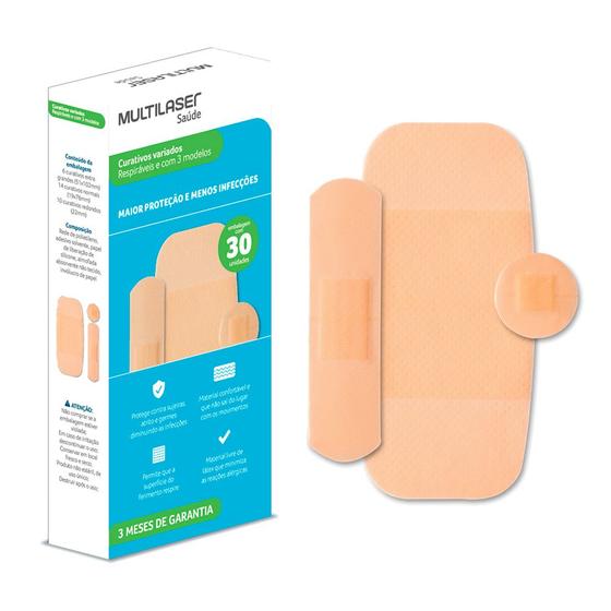 Imagem de Caixa de Curativos 30 Un 3 Formatos Prático Almofada Protetora Material Respirável Multilaser Saúde