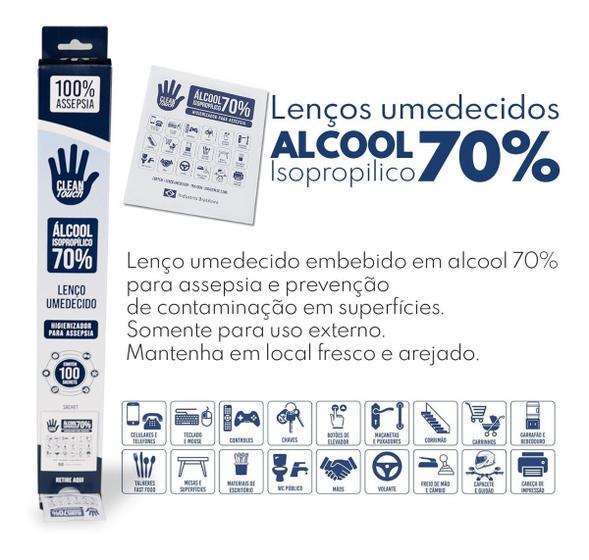 Imagem de Caixa de Lenço Umedecido Proteção Alcool 70% Isopropilico 100 Unidades Embaladas Individuais