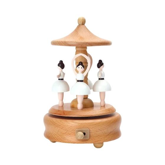 Imagem de Caixa de Música de Madeira com Carrossel de Desenho Animado - Presente para Meninas