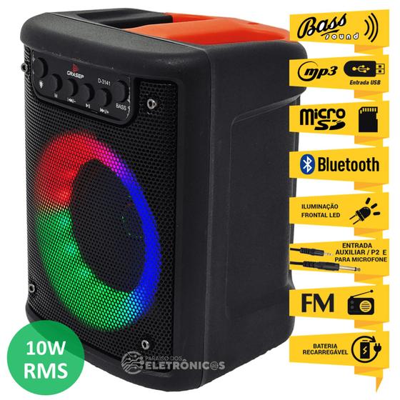 Imagem de Caixa de Som 10W RMS RGB FM Bluetooth Entrada Pendrive Cartão SD Microfone e Auxiliar D3141