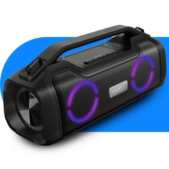 Caixa de Som 80w Moob Fun Portátil Conectividade Bluetooth 5.0 Resistente á Água IPX5 Iluminação Led Função TWS Cartão SD Assistente Google e Siri Menor preço em Caixa de Som 80w Moob Fun Portátil Conectividade Bluetooth 5.0 Resistente á Água IPX5 Iluminação Led Função TWS Cartão SD Assistente Google e Siri