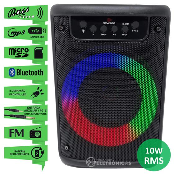 Imagem de Caixa de Som Com Rádio FM Potente 10W Luz LED RGB Bluetooth Entrada Microfone e Auxiliar D4141